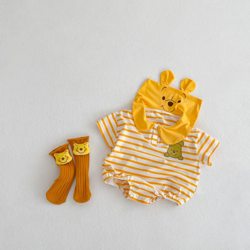 Baby Girl's or Boy's Striped Cartoon Lapel Romper