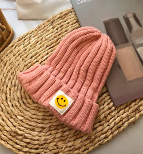 Baby Girl's or Boy's Ribbed Knit Smiley Face Beanie