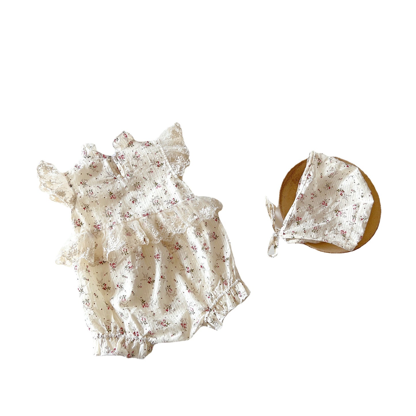 Baby Girl's Rattan Mesh Lace Romper & Bonnet - 100% Cotton