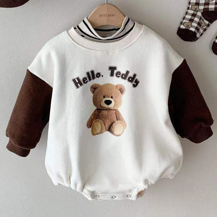 Baby Girl's or Boy's Long-Sleeved Bear Print Romper - 100% Cotton