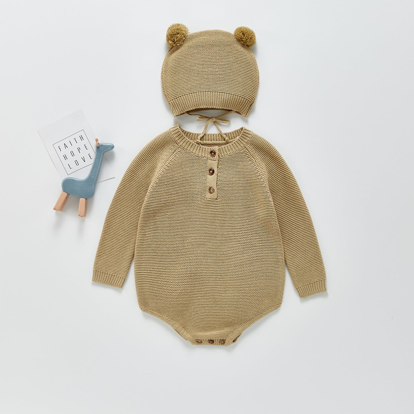 Baby Girl's or Boy's Outfit - Cotton Knitted Jumpsuit and Cap Set