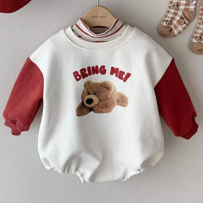 Baby Girl's or Boy's Long-Sleeved Bear Print Romper - 100% Cotton