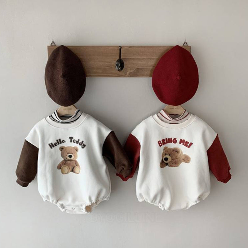 Baby Girl's or Boy's Long-Sleeved Bear Print Romper - 100% Cotton