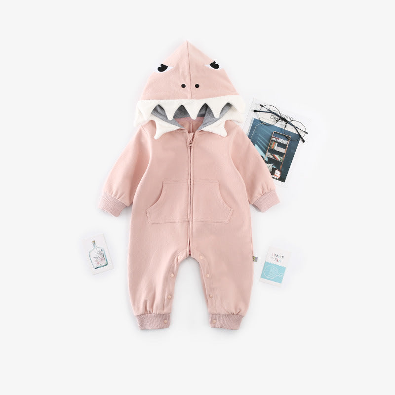 Baby Girl's or Boy's Shark Design Cotton Long Sleeved Hooded Romper