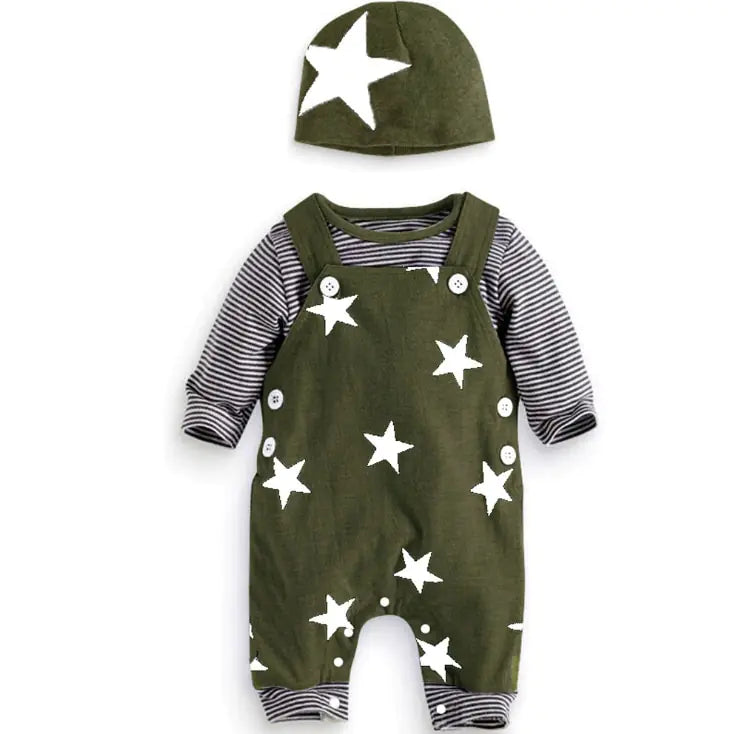 Newborn Baby Boys or Girls Long Sleeve Top, Suspender Pants and Hat