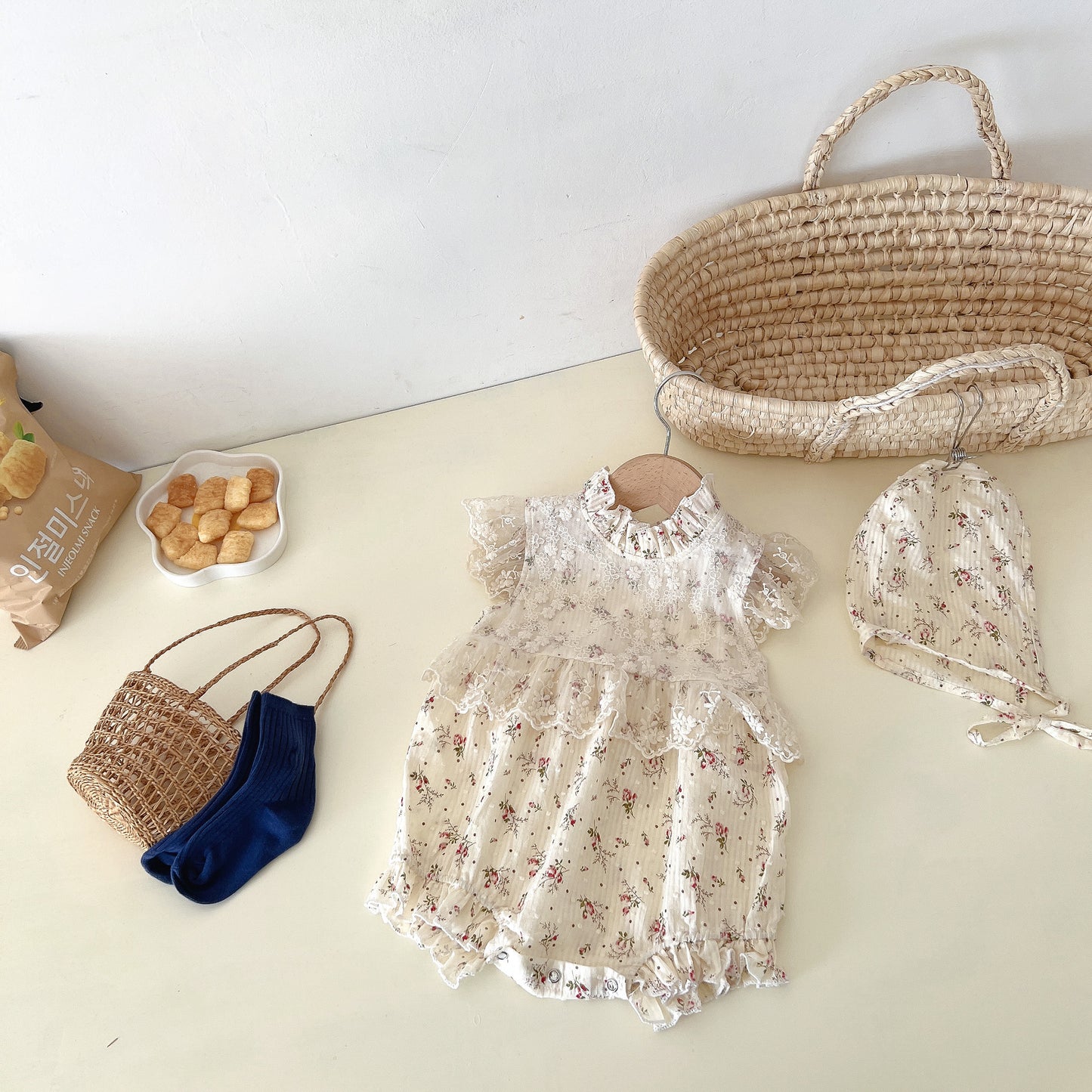Baby Girl's Rattan Mesh Lace Romper & Bonnet - 100% Cotton