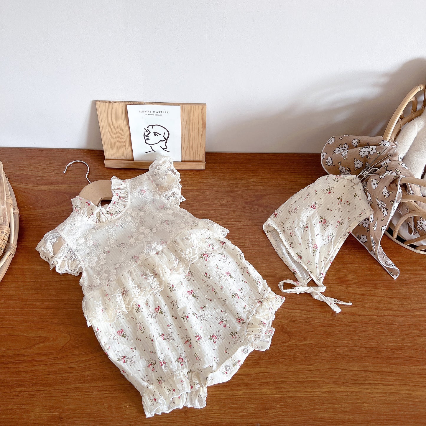 Baby Girl's Rattan Mesh Lace Romper & Bonnet - 100% Cotton