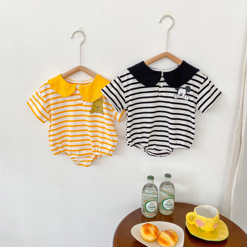 Baby Girl's or Boy's Striped Cartoon Lapel Romper