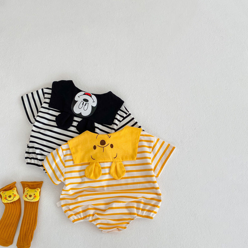 Baby Girl's or Boy's Striped Cartoon Lapel Romper