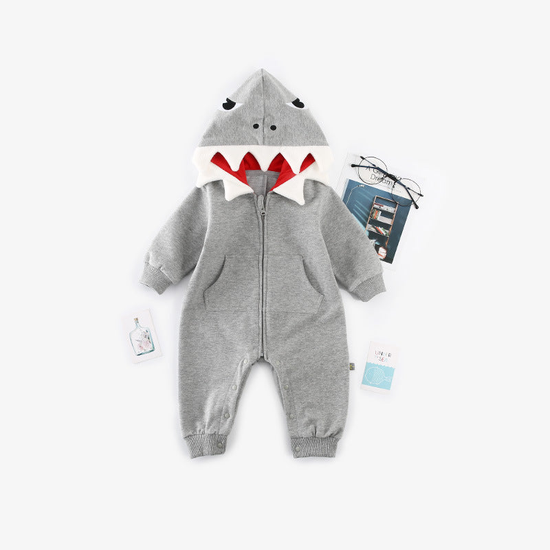 Baby Girl's or Boy's Shark Design Cotton Long Sleeved Hooded Romper