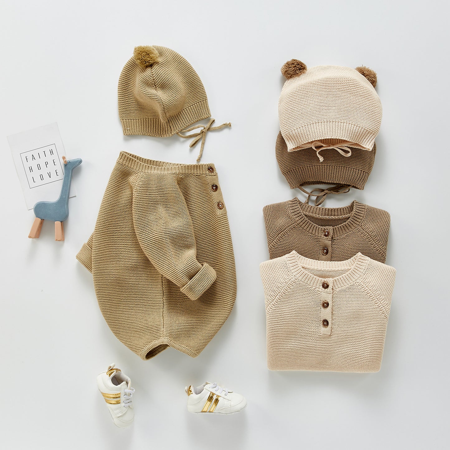 Baby Girl's or Boy's Outfit - Cotton Knitted Jumpsuit and Cap Set