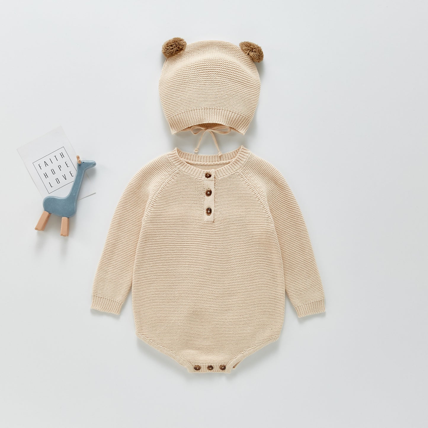 Baby Girl's or Boy's Outfit - Cotton Knitted Jumpsuit and Cap Set