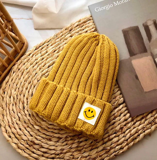 Baby Girl's or Boy's Ribbed Knit Smiley Face Beanie