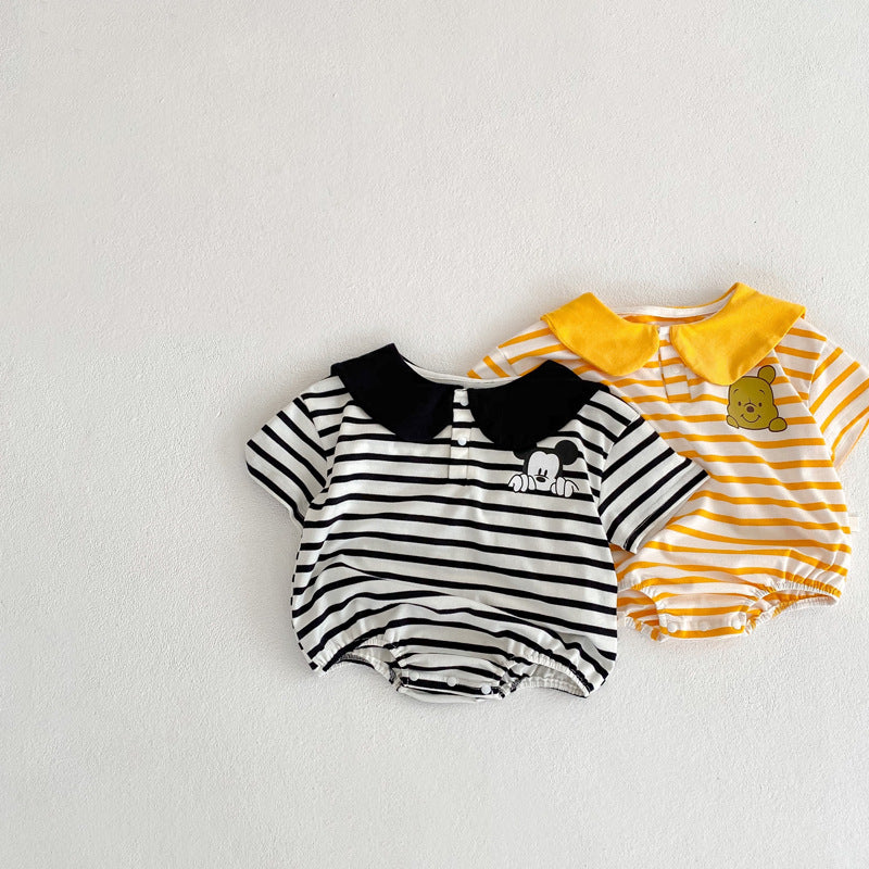 Baby Girl's or Boy's Striped Cartoon Lapel Romper