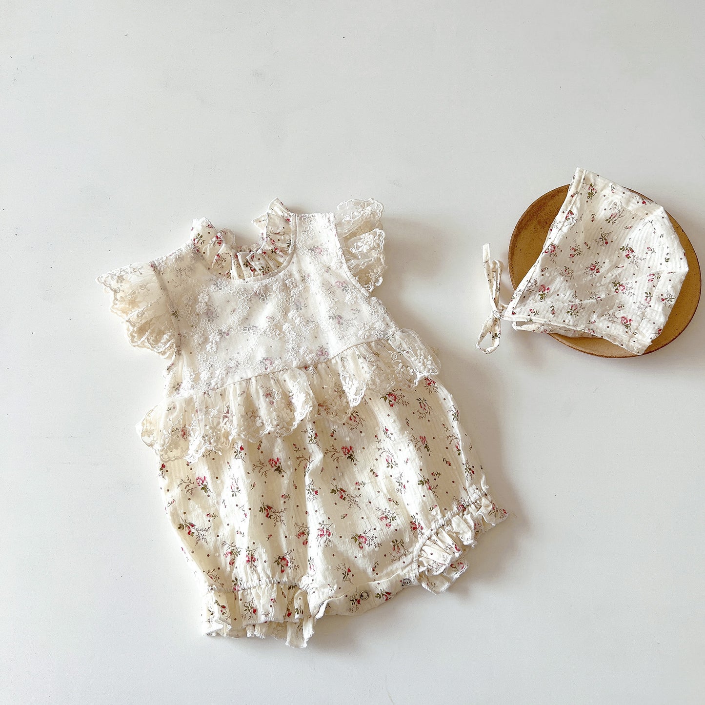 Baby Girl's Rattan Mesh Lace Romper & Bonnet - 100% Cotton