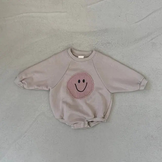 Baby Girl's or Boy's Smiley Face Sweatshirt Style Cotton Romper