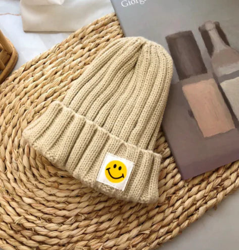 Baby Girl's or Boy's Ribbed Knit Smiley Face Beanie