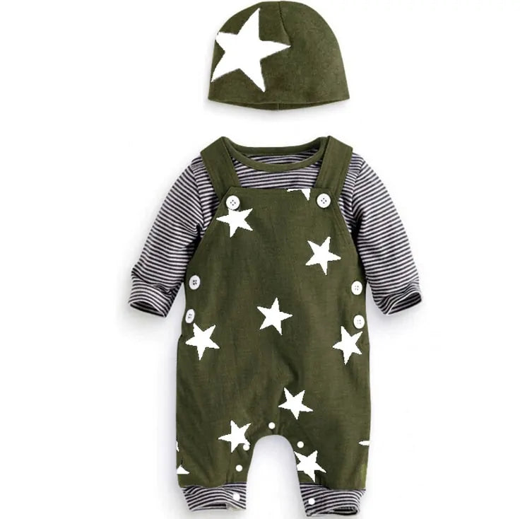 Newborn Baby Boys or Girls Long Sleeve Top, Suspender Pants and Hat