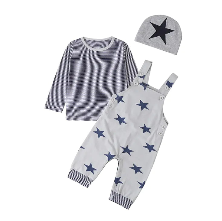 Newborn Baby Boys or Girls Long Sleeve Top, Suspender Pants and Hat