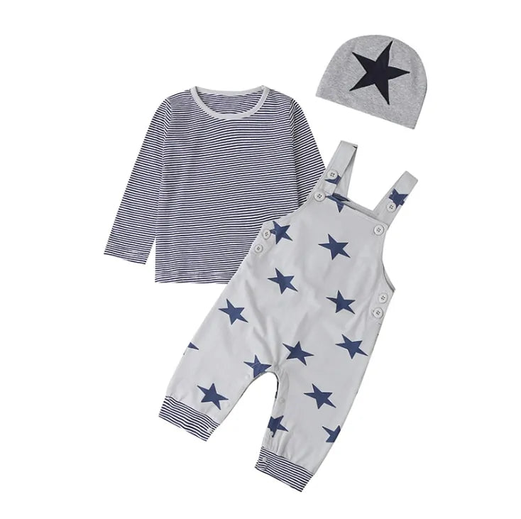 Newborn Baby Boys or Girls Long Sleeve Top, Suspender Pants and Hat