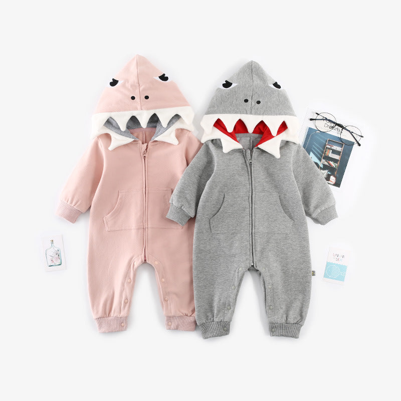 Baby Girl's or Boy's Shark Design Cotton Long Sleeved Hooded Romper