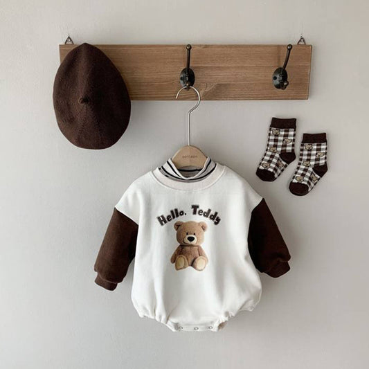 Baby Girl's or Boy's Long-Sleeved Bear Print Romper - 100% Cotton