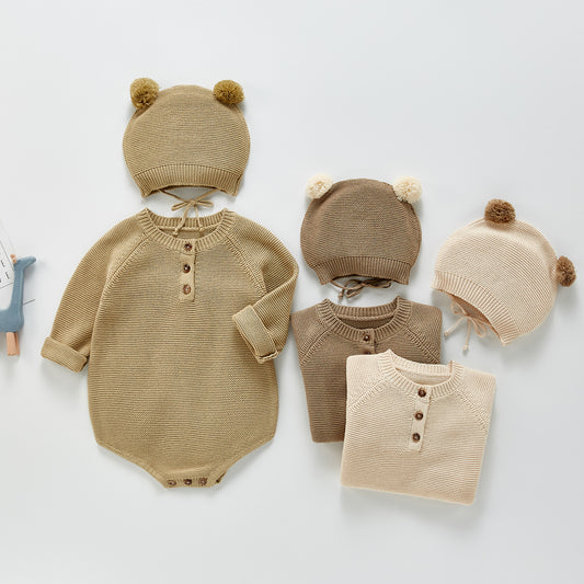 Baby Girl's or Boy's Outfit - Cotton Knitted Jumpsuit and Cap Set