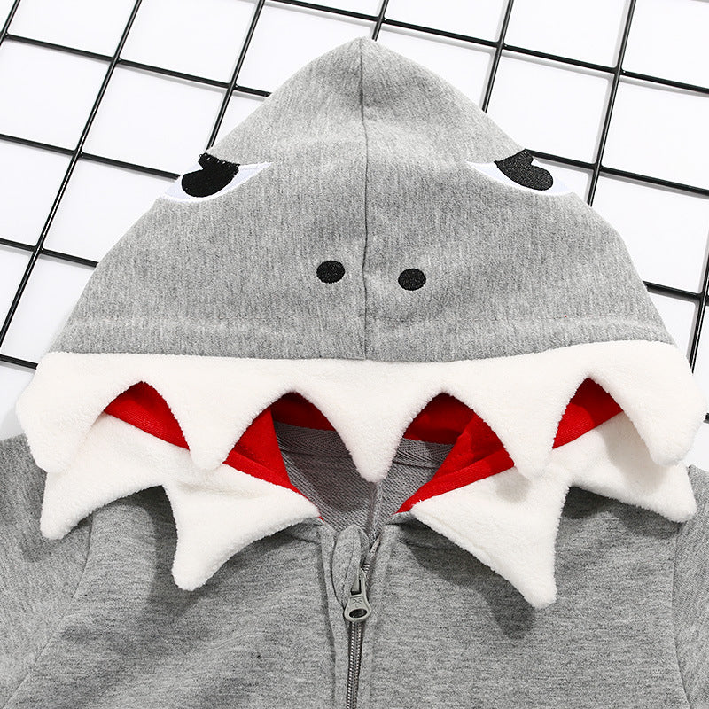 Baby Girl's or Boy's Shark Design Cotton Long Sleeved Hooded Romper