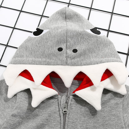 Baby Girl's or Boy's Shark Design Cotton Long Sleeved Hooded Romper