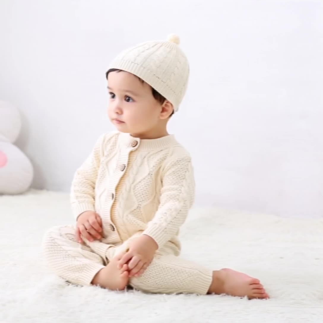 Baby Girl's or Boy's Twist Knitted Romper & Cap - 100% Cotton