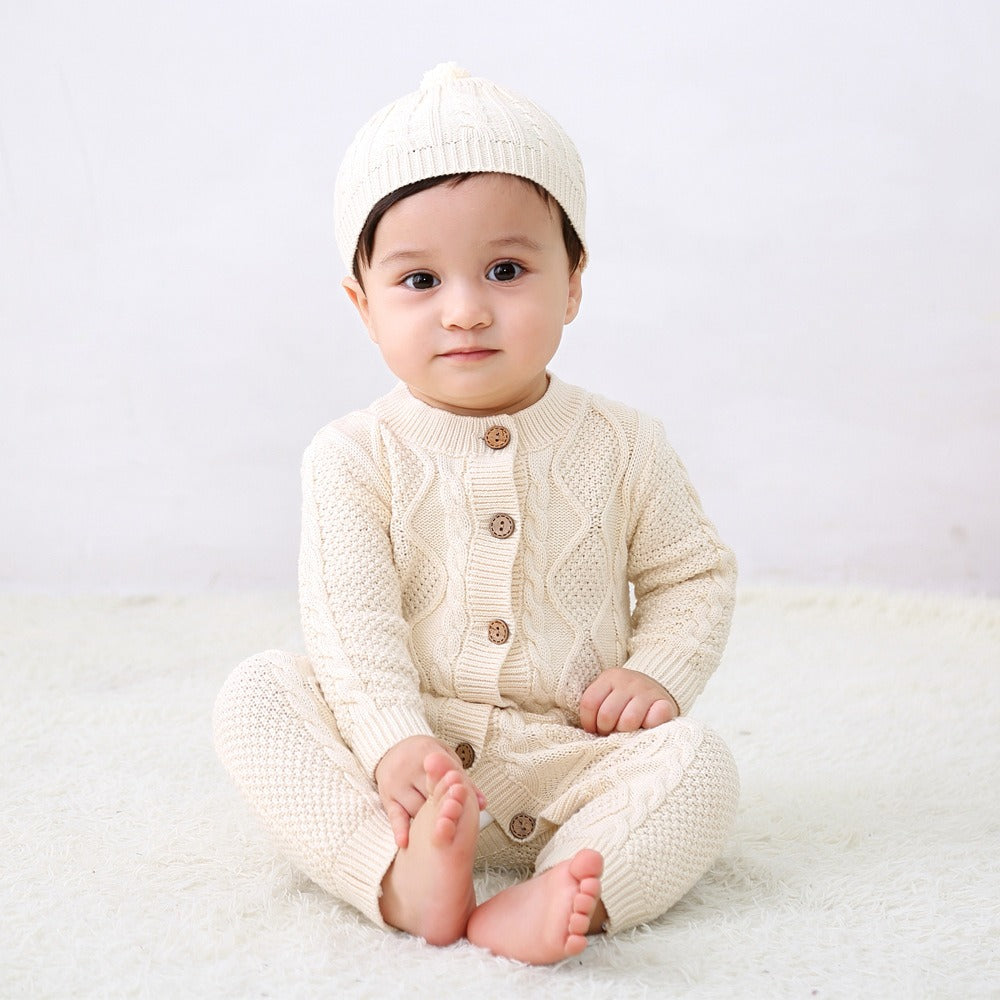 Baby Girl's or Boy's Twist Knitted Romper & Cap - 100% Cotton