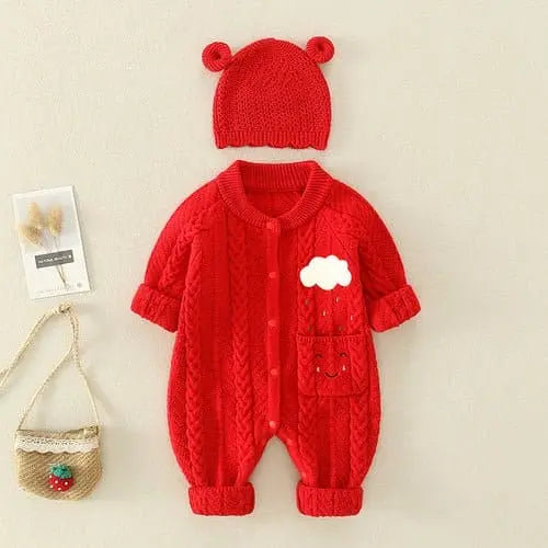 Baby Girl's or Boy's Outfit - Knitted Romper and Bonnet Set