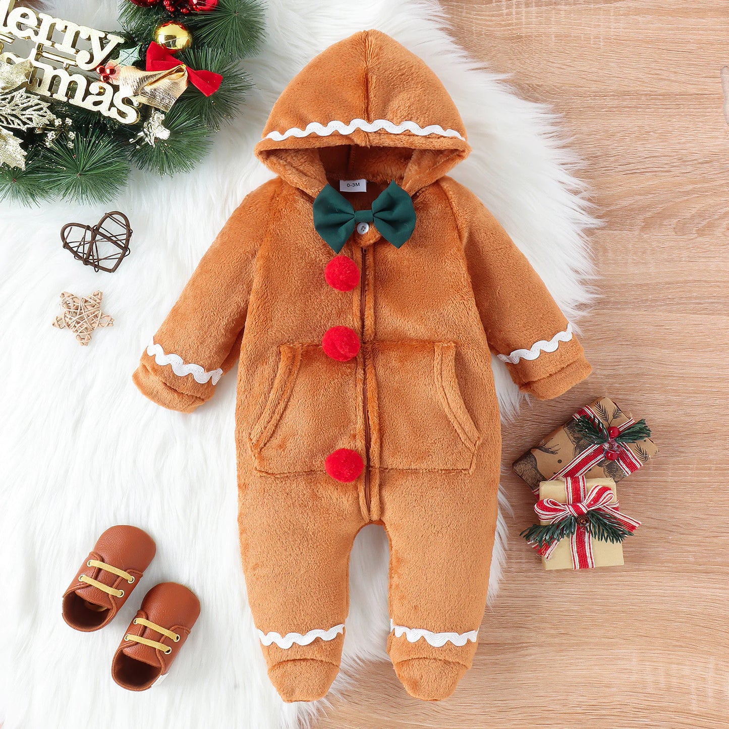 Baby Boys or Girls Christmas Gingerbread Romper with Hood