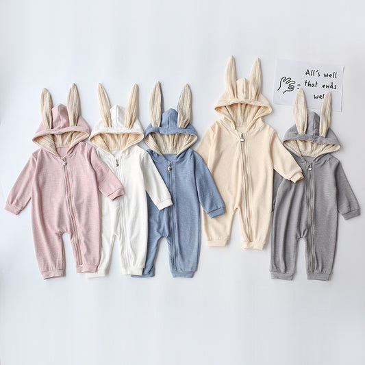 Baby Girl's or Boy's Knitted Cotton Onesie - Big Ears Rabbit Hooded Design