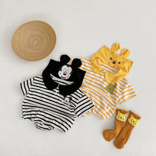 Baby Girl's or Boy's Striped Cartoon Lapel Romper