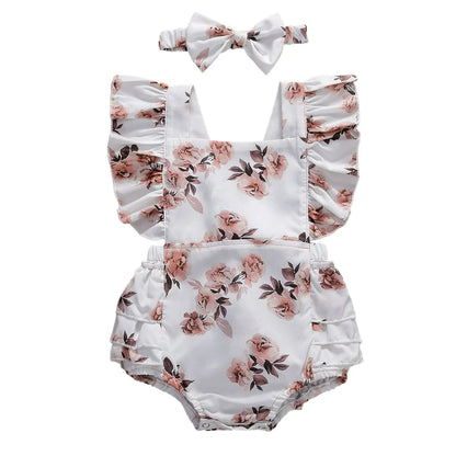 Baby Girl's Summer Floral Sleeveless Ruffled Romper With Headband - 100% Cotton