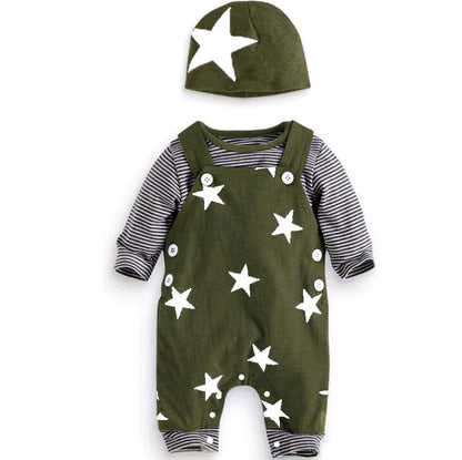 Newborn Baby Boys or Girls Long Sleeve Top, Suspender Pants and Hat