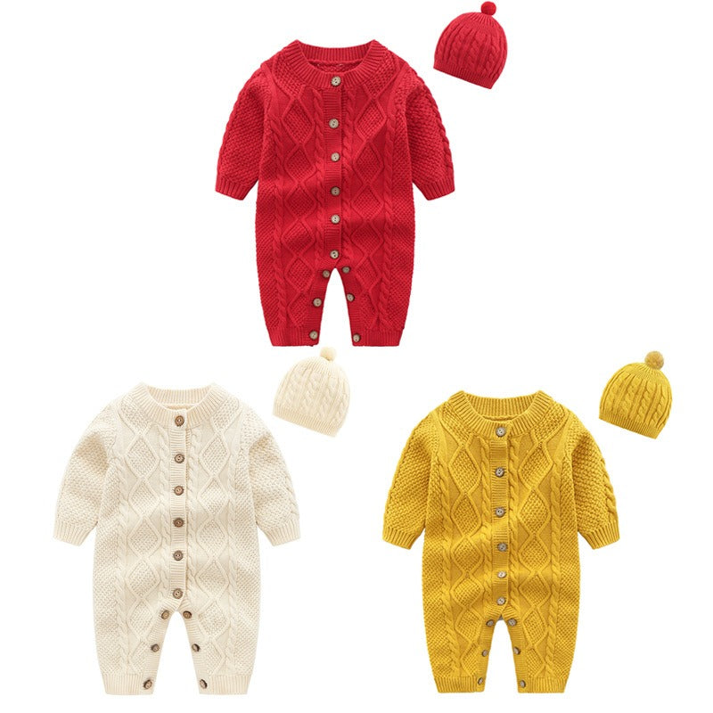 Baby Girl's or Boy's Twist Knitted Romper & Cap - 100% Cotton