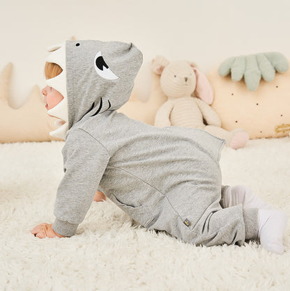 Baby Girl's or Boy's Shark Design Cotton Long Sleeved Hooded Romper