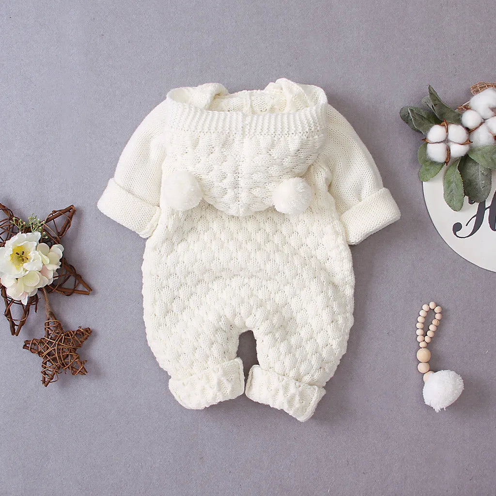 Baby Girl's or Boy's Hooded Knitted One-piece Romper