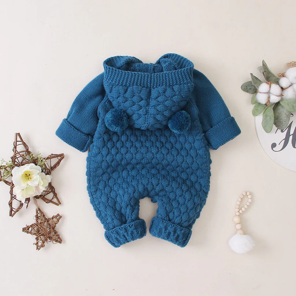 Baby Girl's or Boy's Hooded Knitted One-piece Romper