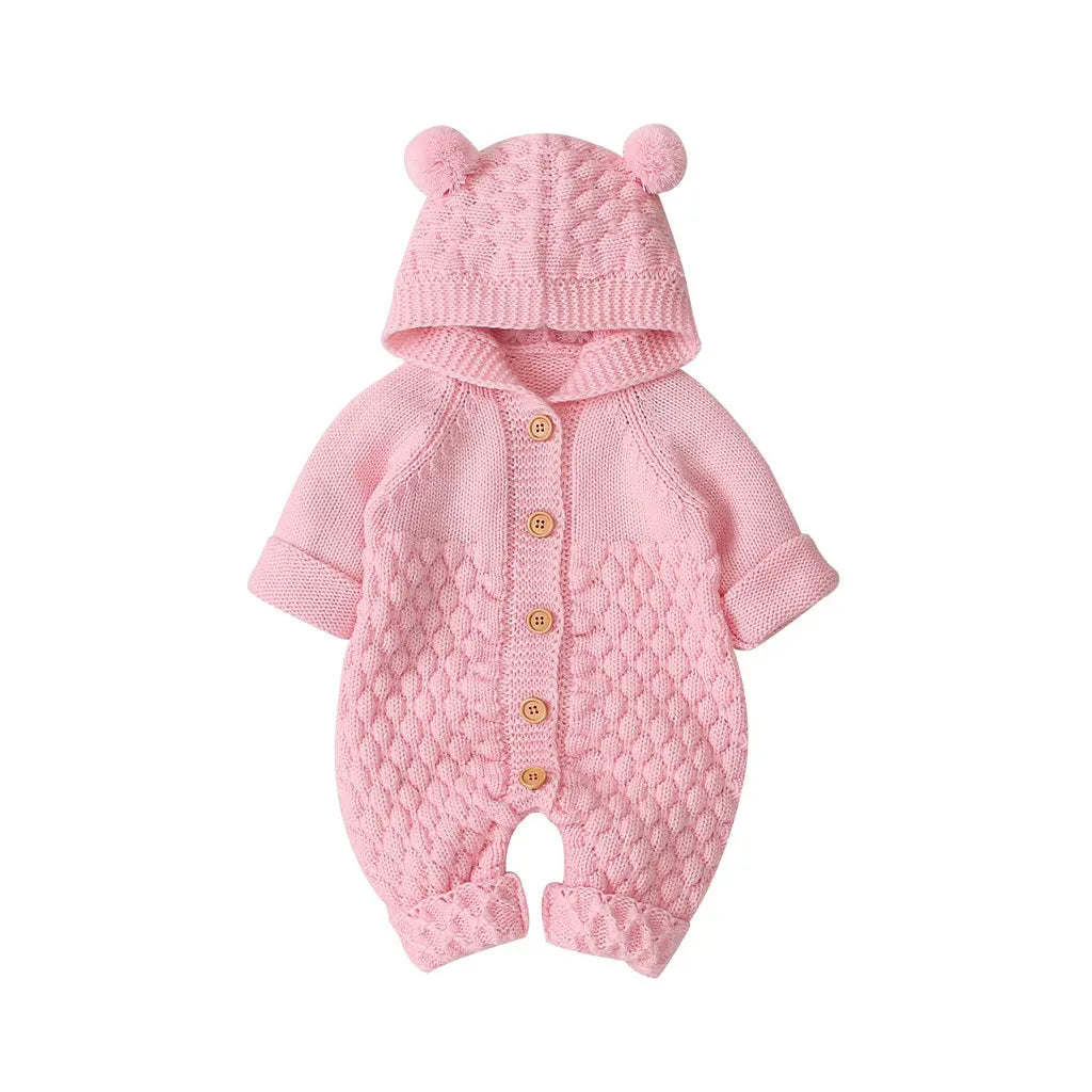 Baby Girl's or Boy's Hooded Knitted One-piece Romper