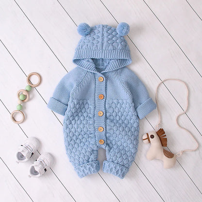 Baby Girl's or Boy's Hooded Knitted One-piece Romper