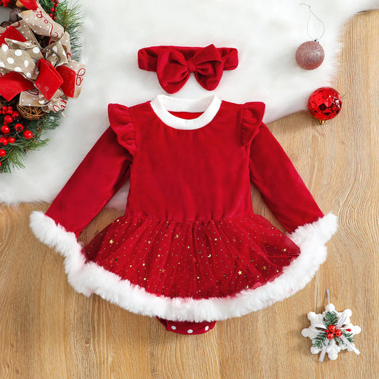 Baby Girls Christmas Romper with Sequin Skirt & Headband