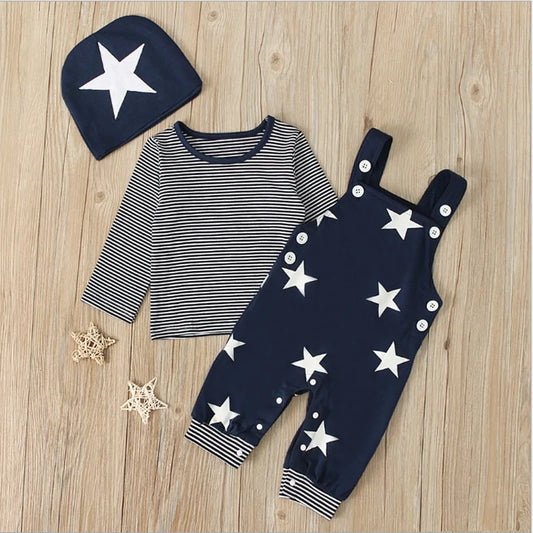 Newborn Baby Boys or Girls Long Sleeve Top, Suspender Pants and Hat