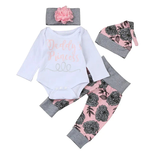 Baby Girl's Outfit - Long Sleeved Romper, Pants, Hat and Headband Set