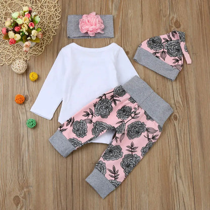 Baby Girl's Outfit - Long Sleeved Romper, Pants, Hat and Headband Set