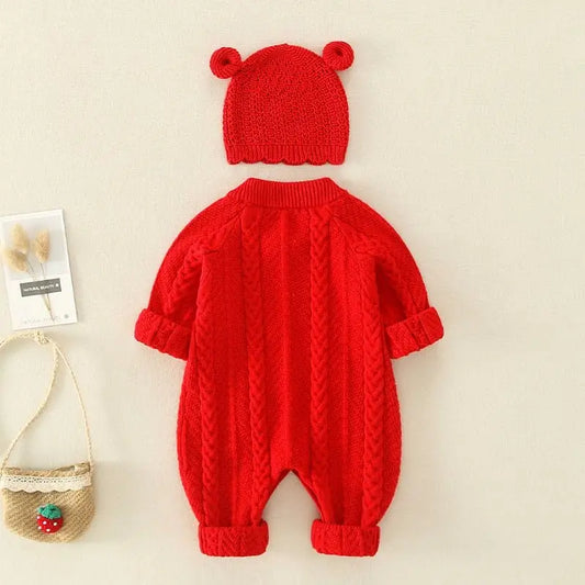 Baby Girl's or Boy's Outfit - Knitted Romper and Bonnet Set