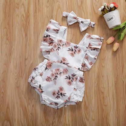 Baby Girl's Summer Floral Sleeveless Ruffled Romper With Headband - 100% Cotton