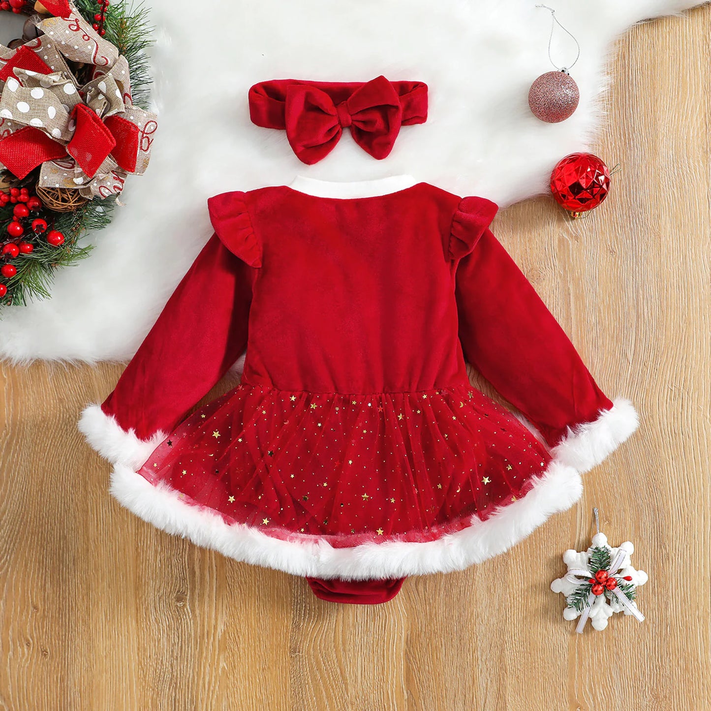 Baby Girls Christmas Romper with Sequin Skirt & Headband